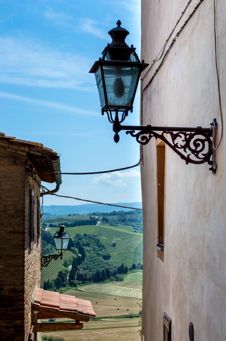 Street lamps and views from Peccioli