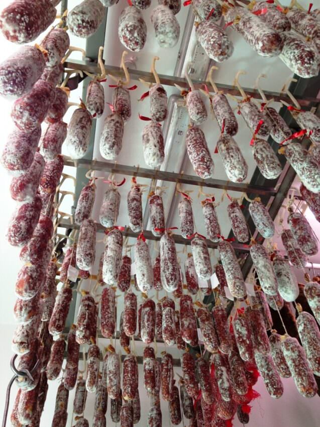 Regular salami and finocchiona ageing at a Tuscan butcher's shop