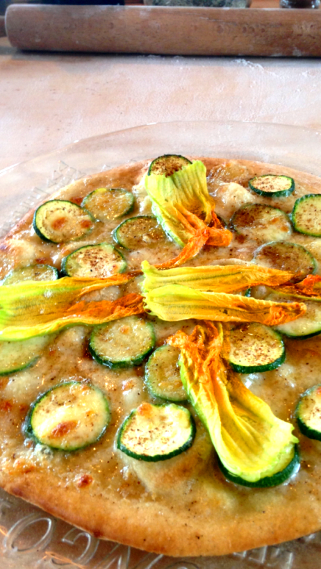 White Pizza with zucchini and zucchini blossoms