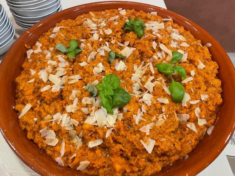 Pappa al pomodoro with parmesan cheese and fresh basil