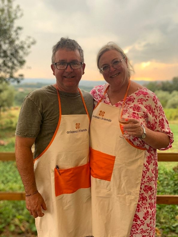 Enjoying a glass of wine at Rita's farm