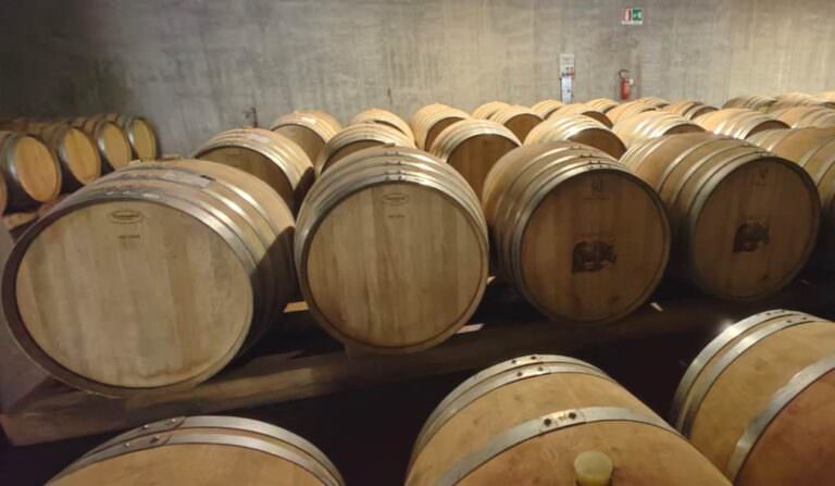 Typical Tuscan red wine aged in oak wood barrels