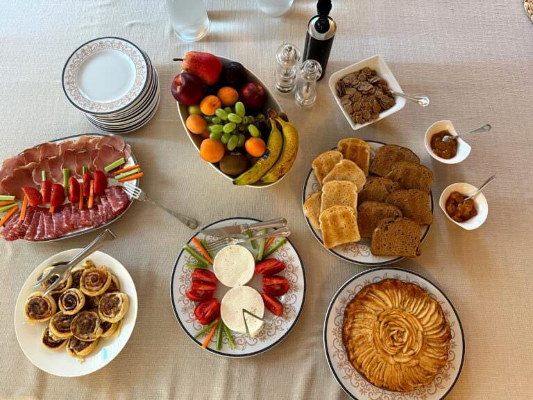 Breakfast with salami, fresh fruits and sweet